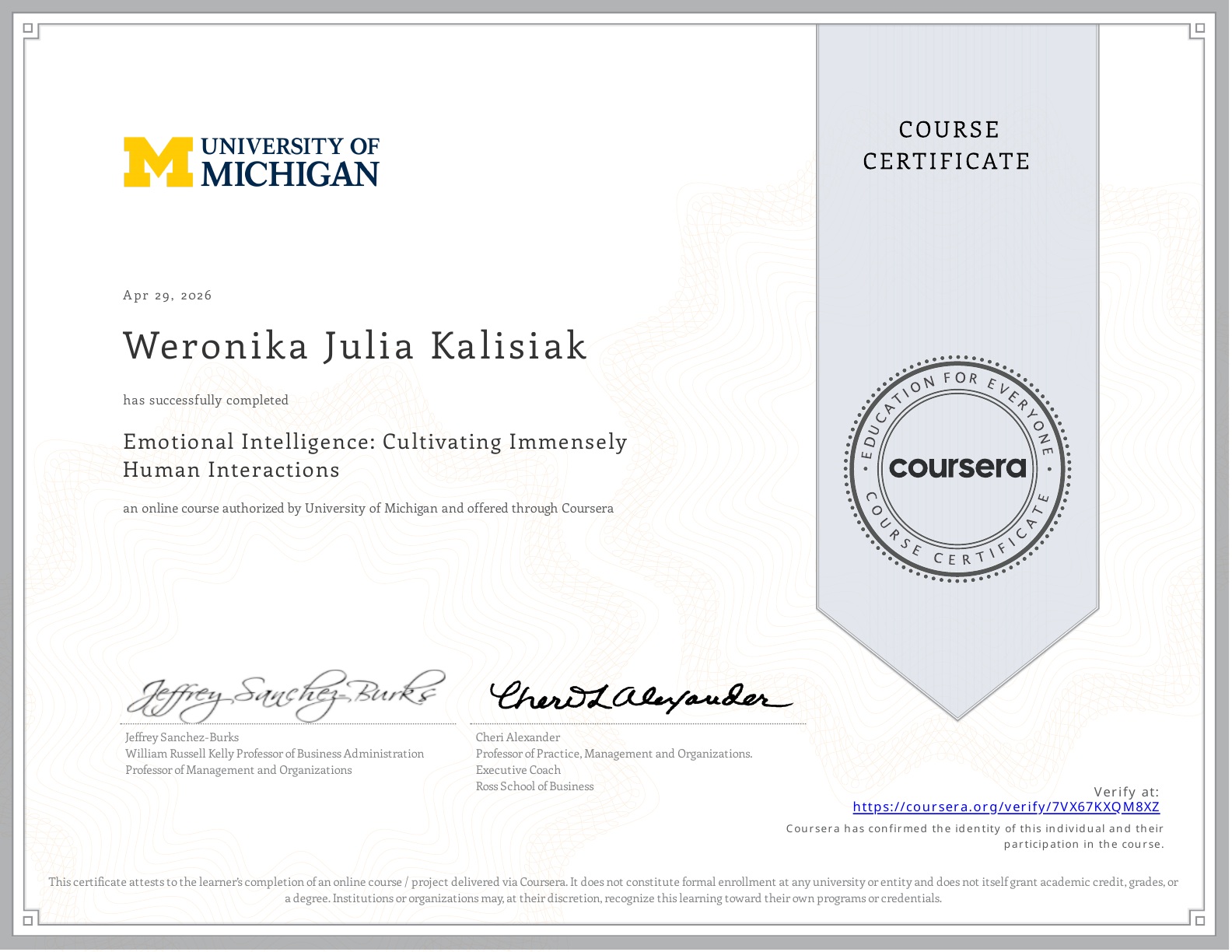 Certyfikat kursu Emotional Intelligence