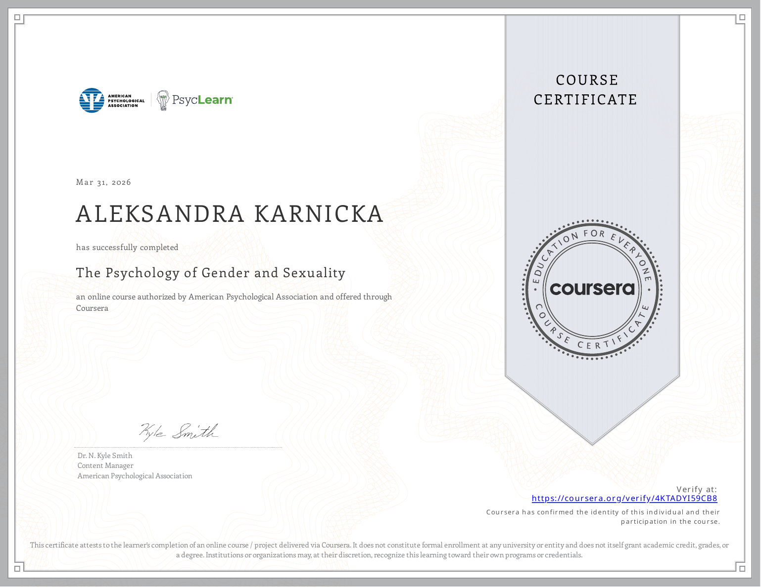 Certyfikat kursu The Psychology of Gender and Sexuality